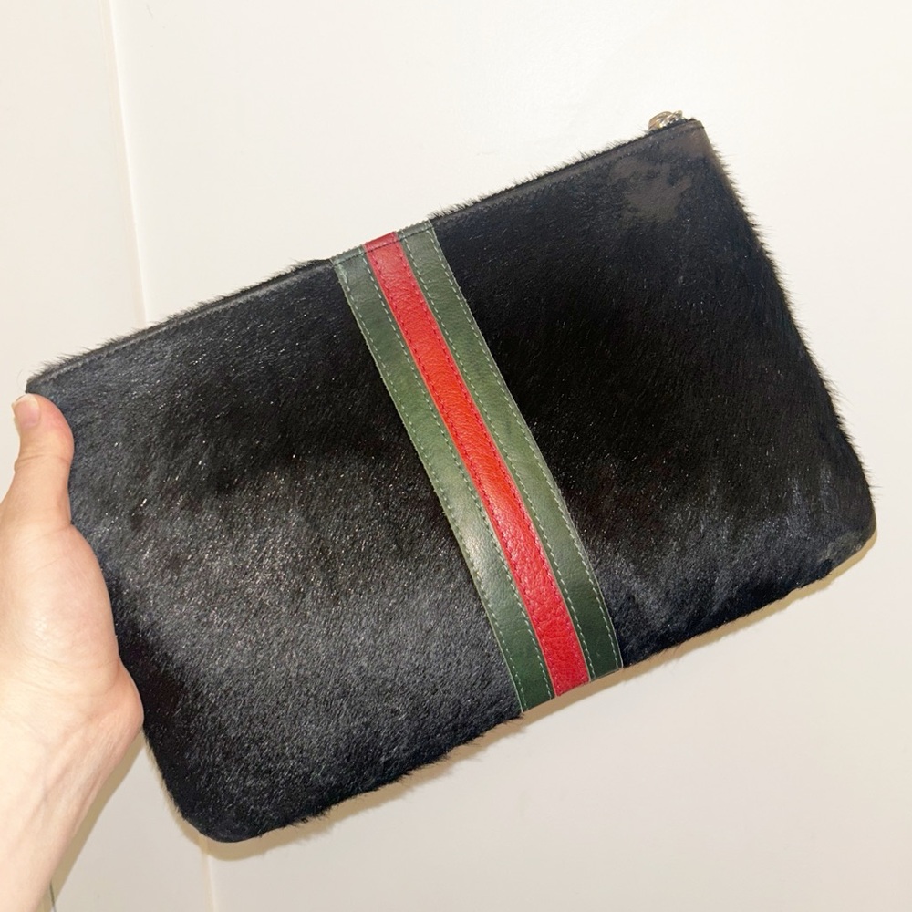 Black Haircalf Clutch with Green and Red Stripe